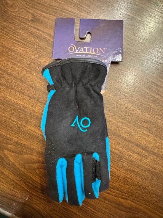 Ovation Kids Riding Gloves Polar Suede Fleece Black and Turquoise - Picture 1 of 3